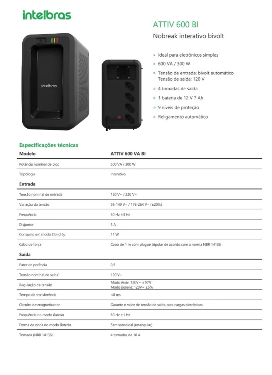 O Nobreak ATTIV 600VA Intelbras - Foto 4
