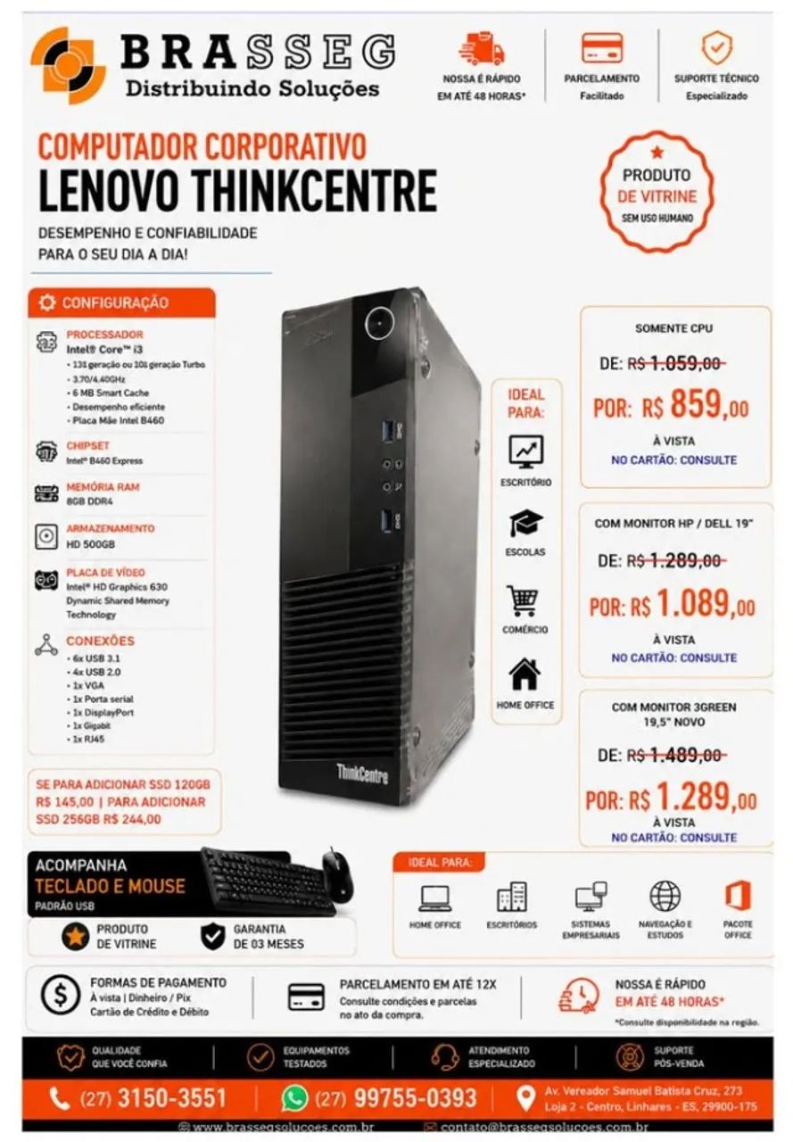 Computador CPU Desktop Lenovo Think Centre M93P i3 /4GB/500TB