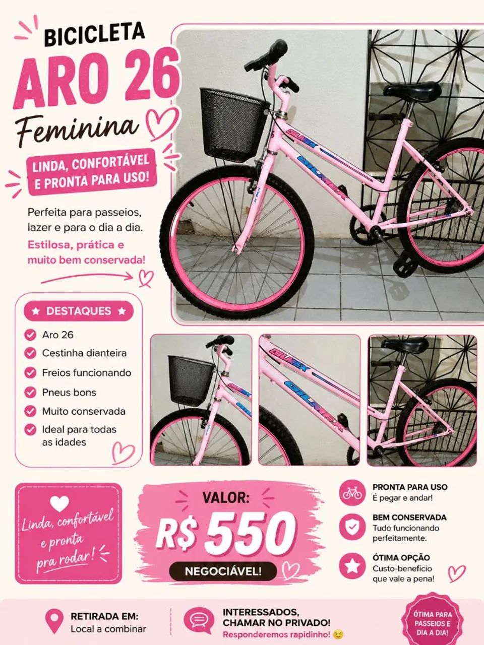 BICICLETA ARO 26 ROSA - LINDA E SUPER CONSERVADA! - Foto 3