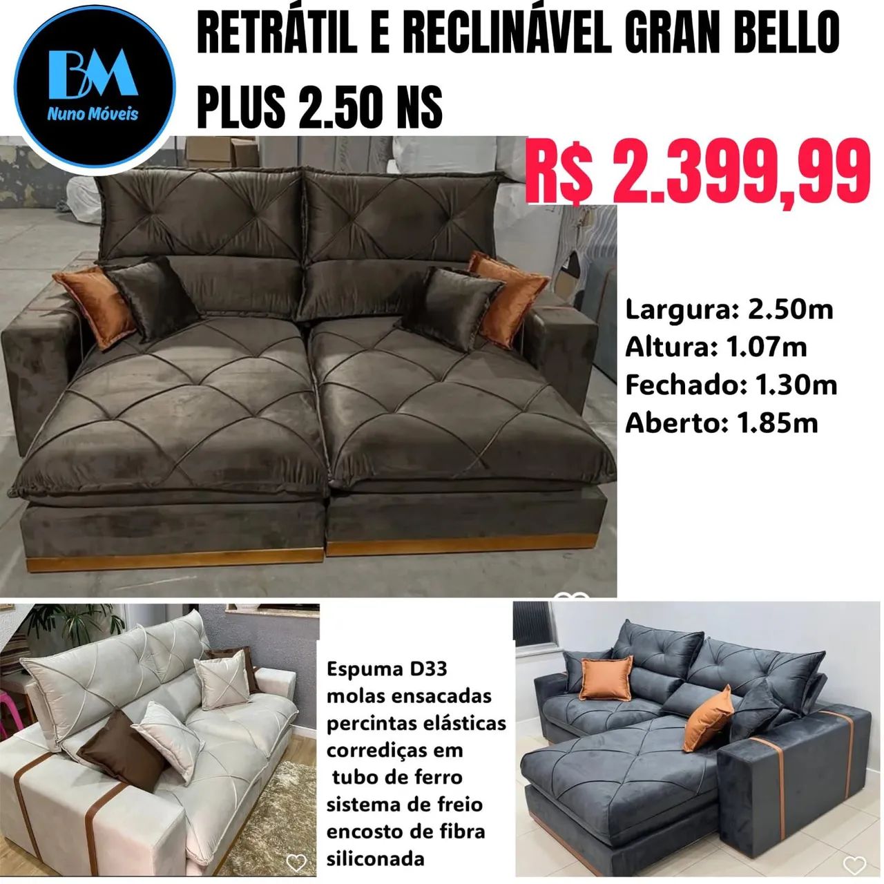 Sofá Retrátil e Reclinável Gran Bello plus 