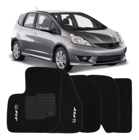 Jogo Tapete Carpete Honda New Fit 2010 à 2014 - Logo Bordado Preto