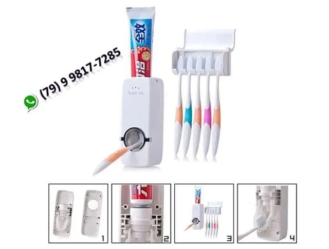 Dispenser Pasta De Dente + Suporte para 5 Escovas + Dupla face par colar - Foto 4