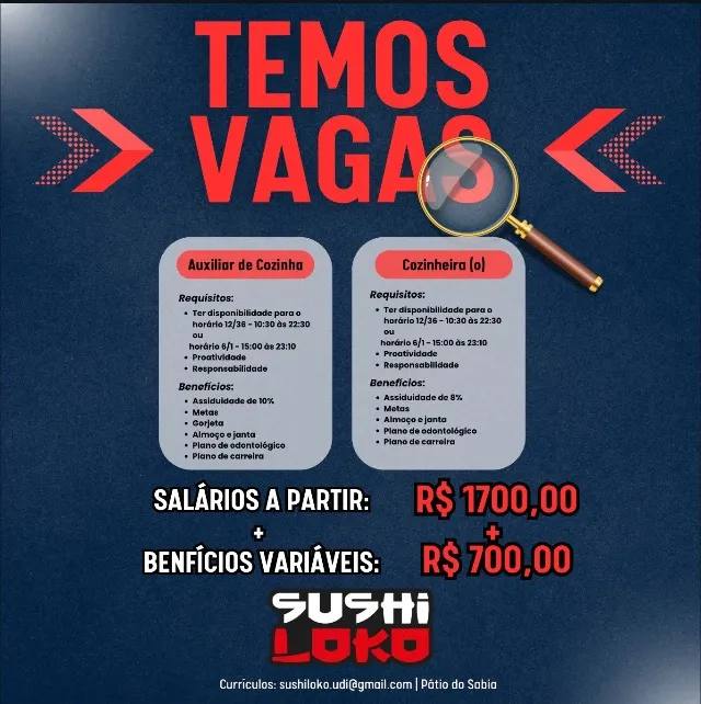 Vaga pra Aux de Cozinha, Aux Sushiman, Cozinheira (o) e Sushiman/Sushiwoman