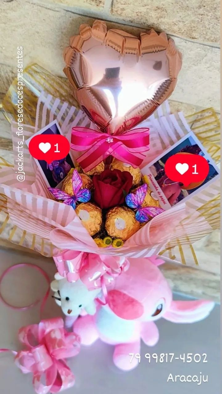 Cesta de chocolate, mini buquê de bombons, pelúcia, balão - Foto 3