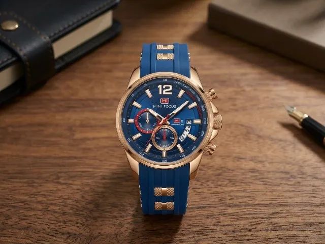 Relógio Masculino Mini Focus Premium - Cronógrafo Azul e Ouro Rosé