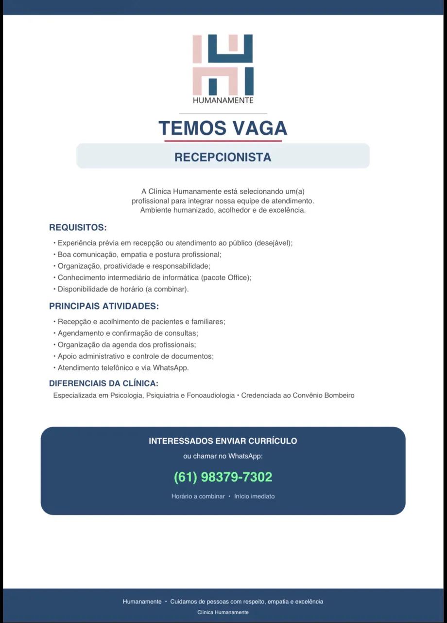Recepcionista Taguatinga 
