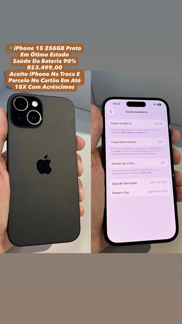 iPhone 15 256GB Preto - Saúde Da Bateria 90% (Usado)