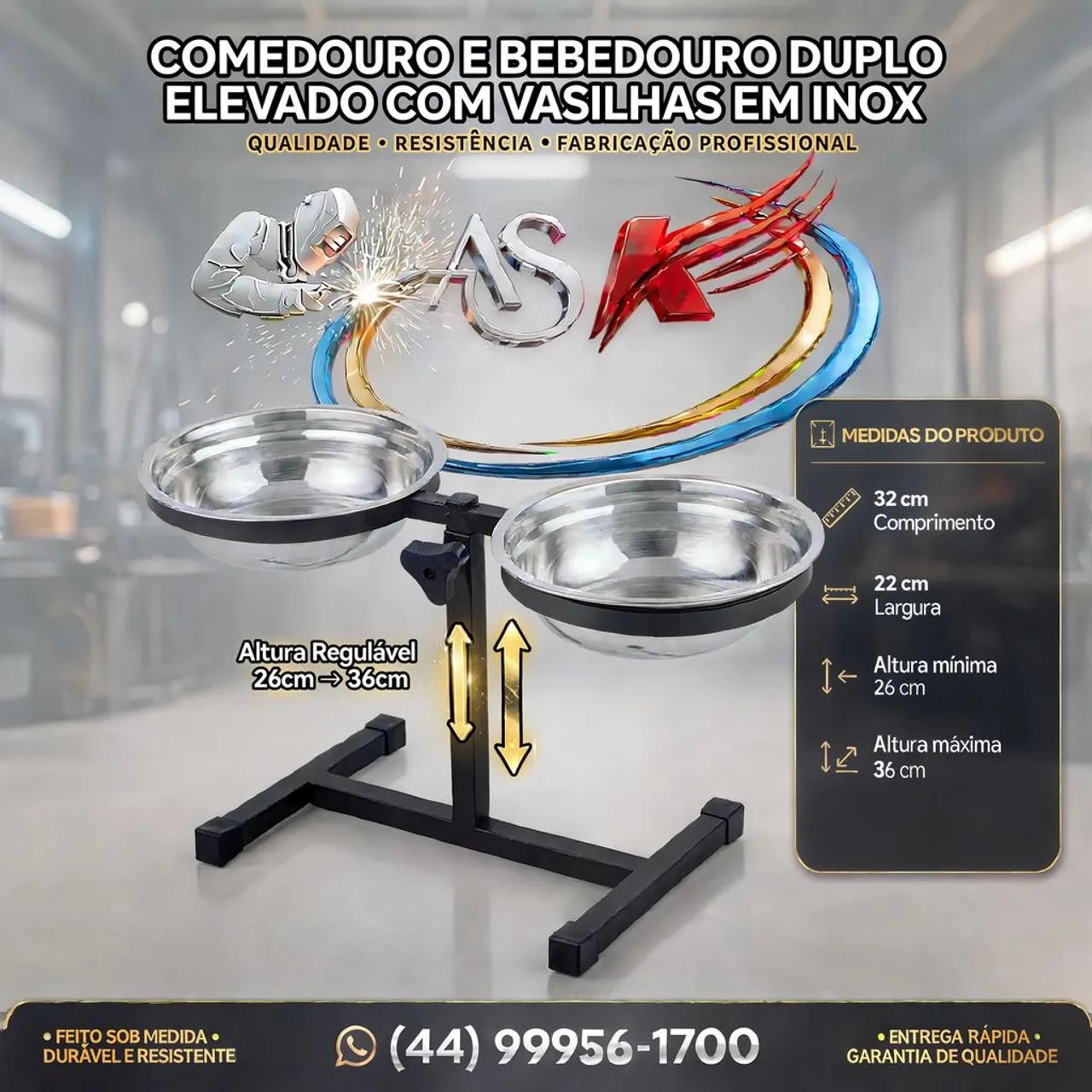 Suporte duplo elevado para pet comedouro e bebedouro duplo com vasilhas de inox  - Foto 5