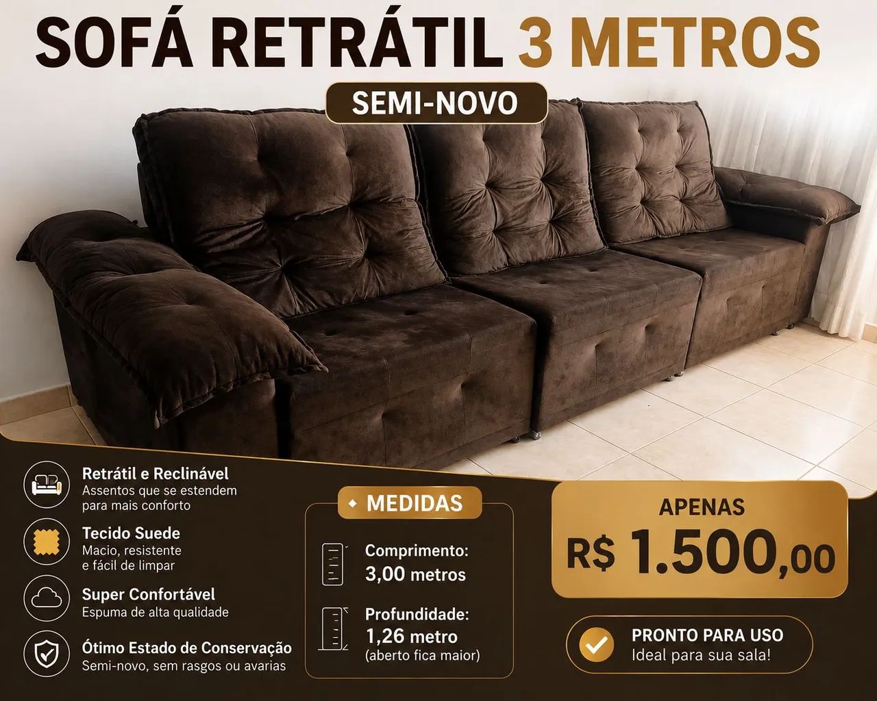 Sofá Retrátil 3 Metros Semi-Novo