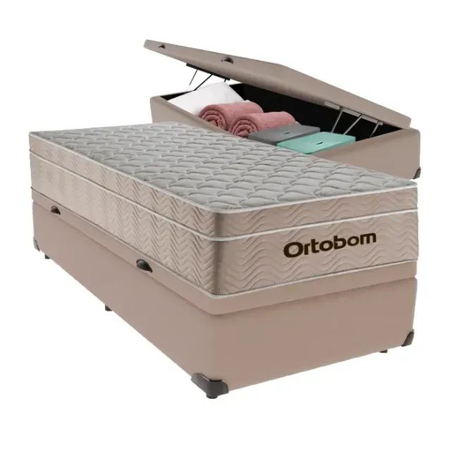 Colchão Solteiro Premium Ortobom + Base Baú cor Nude Suede