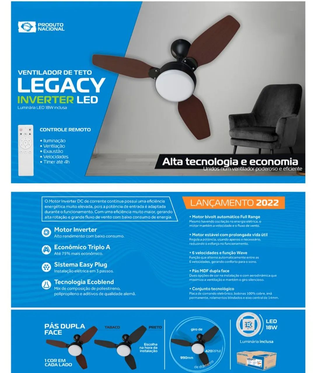 Ventisol Ventilador de teto Legacy led inverter 