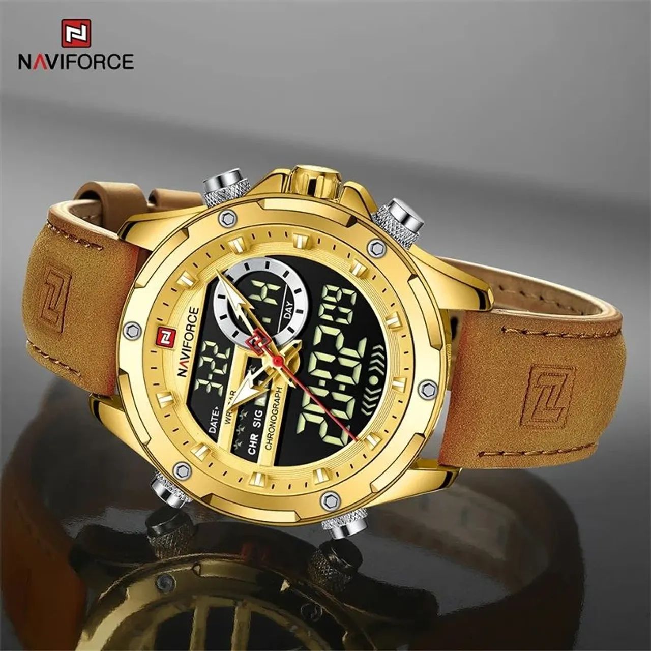 Relógio Naviforce 9208 Dourado Pulseira em Couro, Analógico e Digital, Calendário