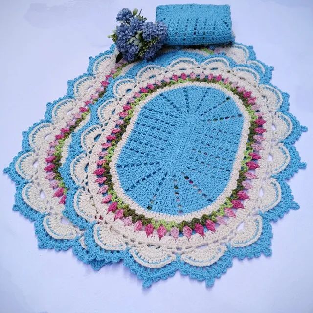 Jogo de banheiro Hellen Azul 3 peças de Crochê - Foto 6