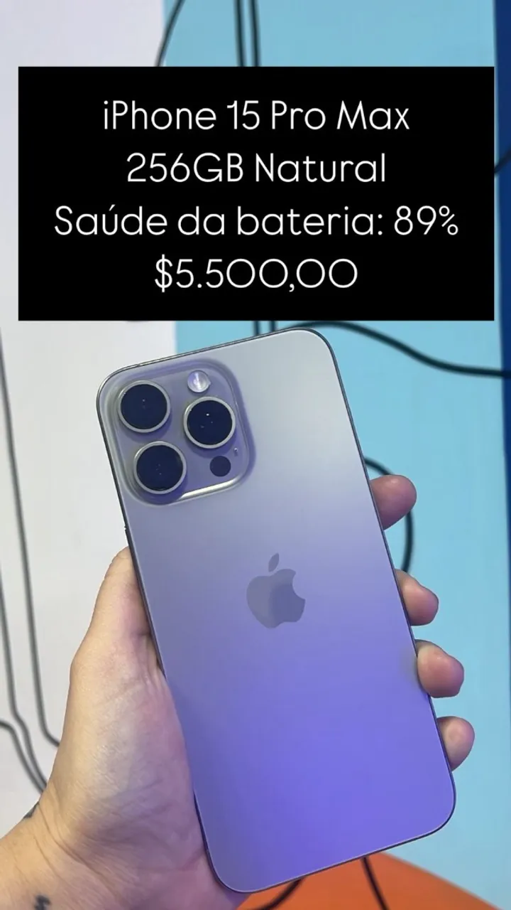 iPhone 15 Pro Max / 512GB / Azul / Saúde de bateria 84% /R$ 5.700