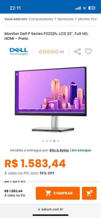 Monitor Dell P2222h 22'' Full HD HDMI - Novo