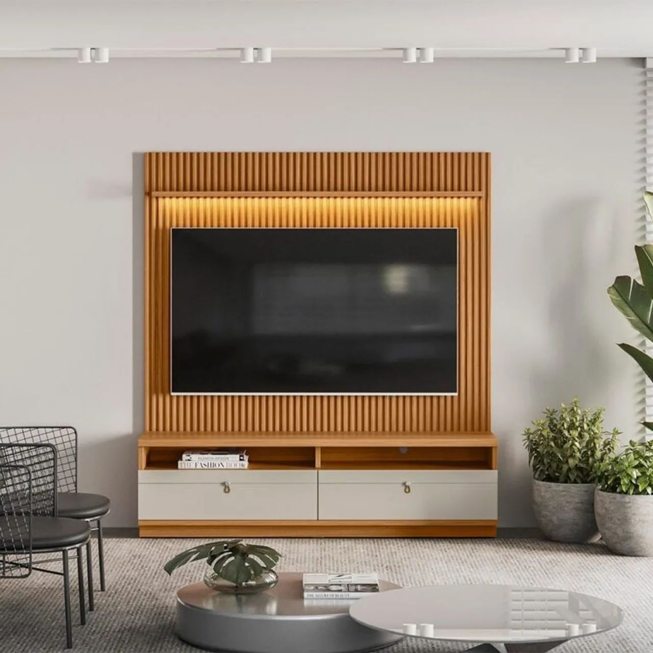Rack + Painel Ripado Ouro Preto  - Entrega Rápida 