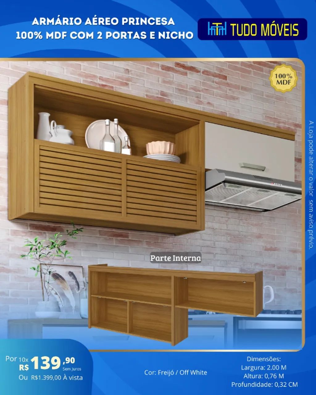 ARMÁRIO AÉREO PRINCESA 100% MDF COM 2 PORTAS E NICHO