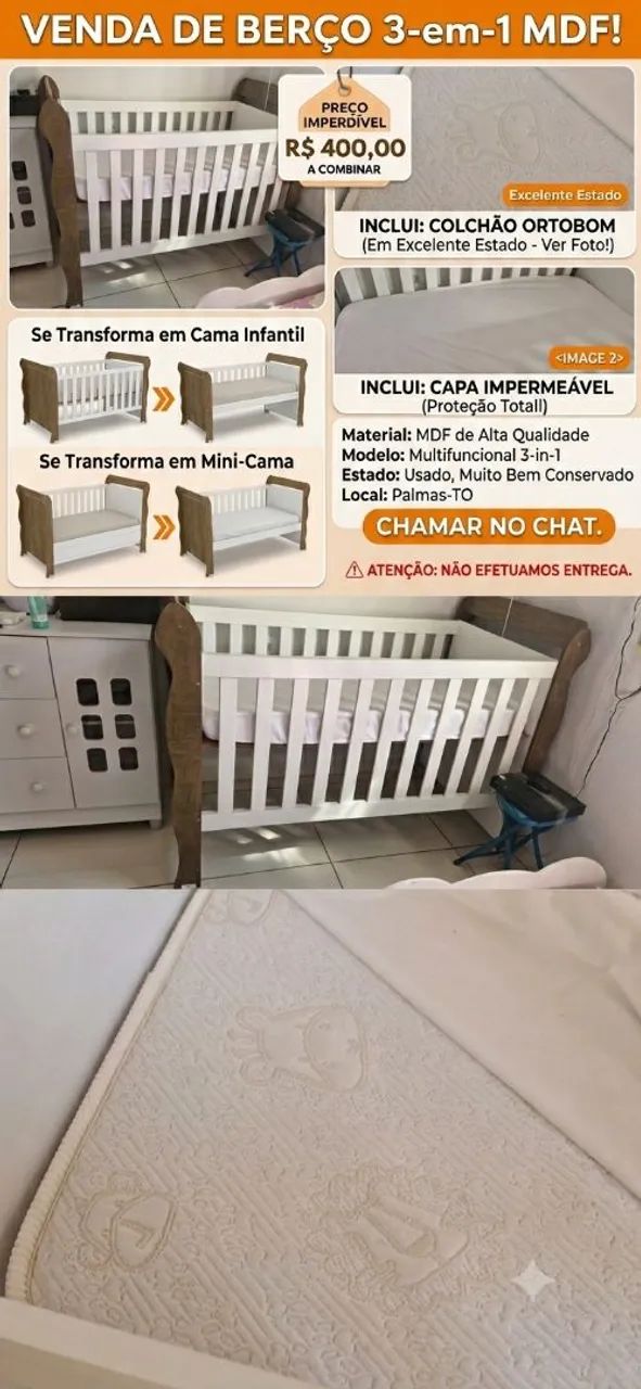 Berço 3 em 1 100% MDF + Colchão Ortobom