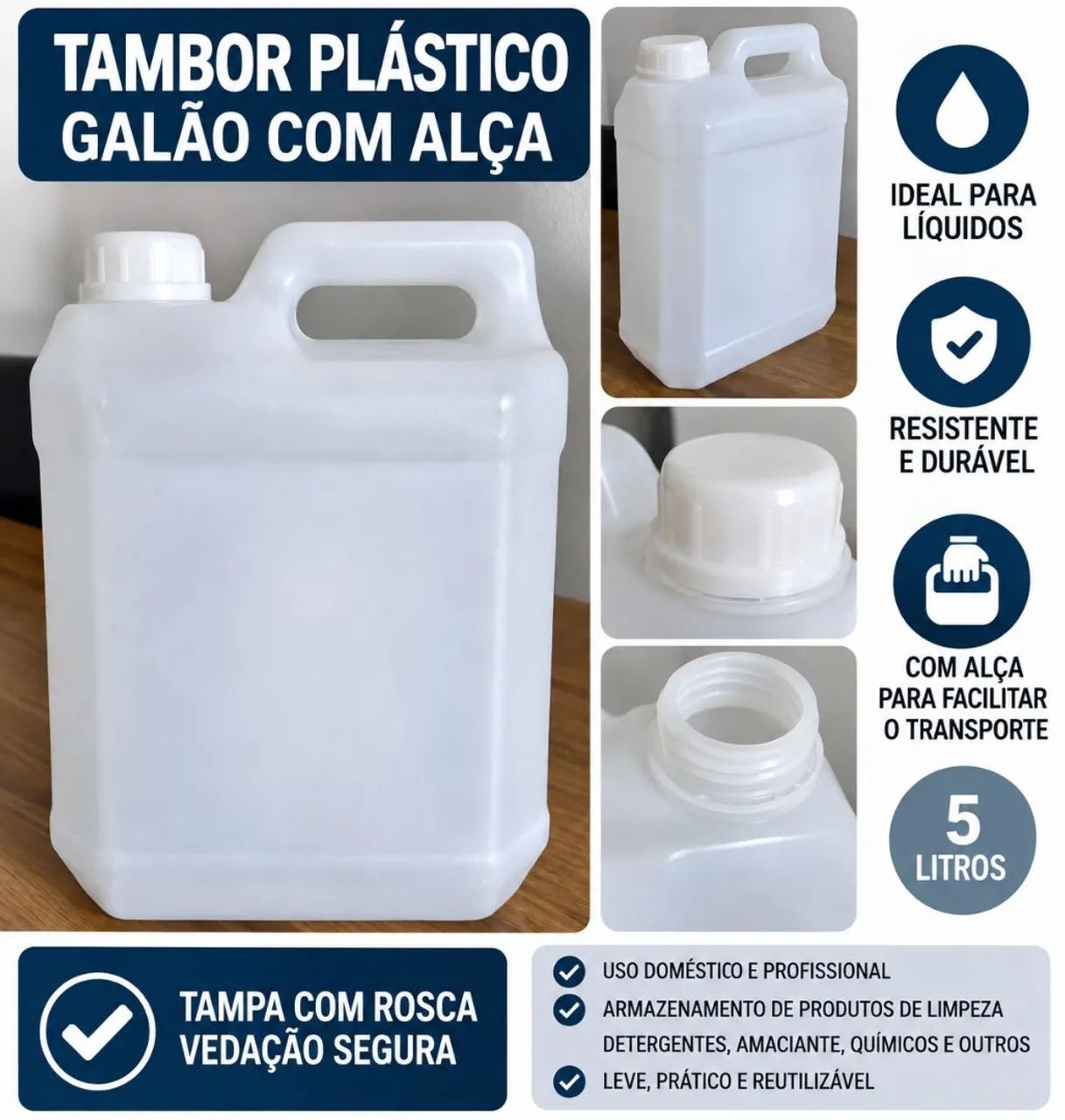 Galão Plástico 5 Litros Usado com Tampa e Alça<br>