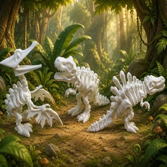 Kit 3 Dinossauros Articulados 3D Brancos ? T-Rex, Espinossauro e