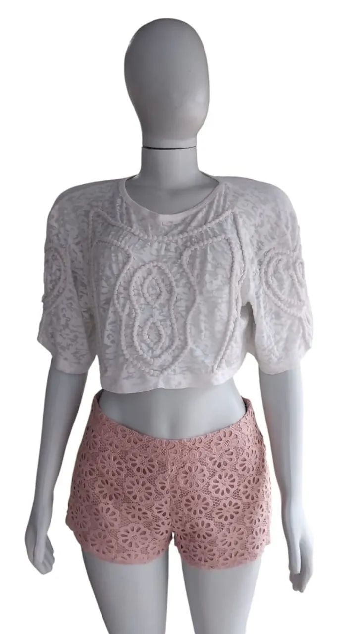 Conjunto Cropped Branco + Shorts Rosa Zara M - Foto 2