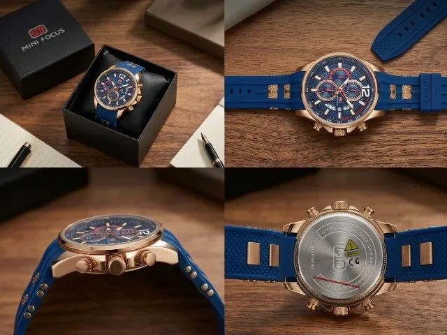 Relógio Masculino Mini Focus Premium - Cronógrafo Azul e Ouro Rosé - Foto 2
