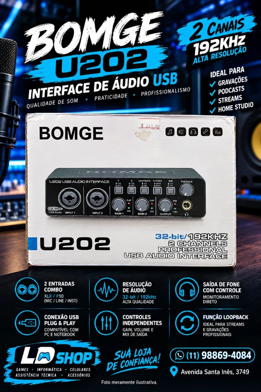 Interface De Áudio 2 Canais Usb Gravação De 32 Bits/192 Khz