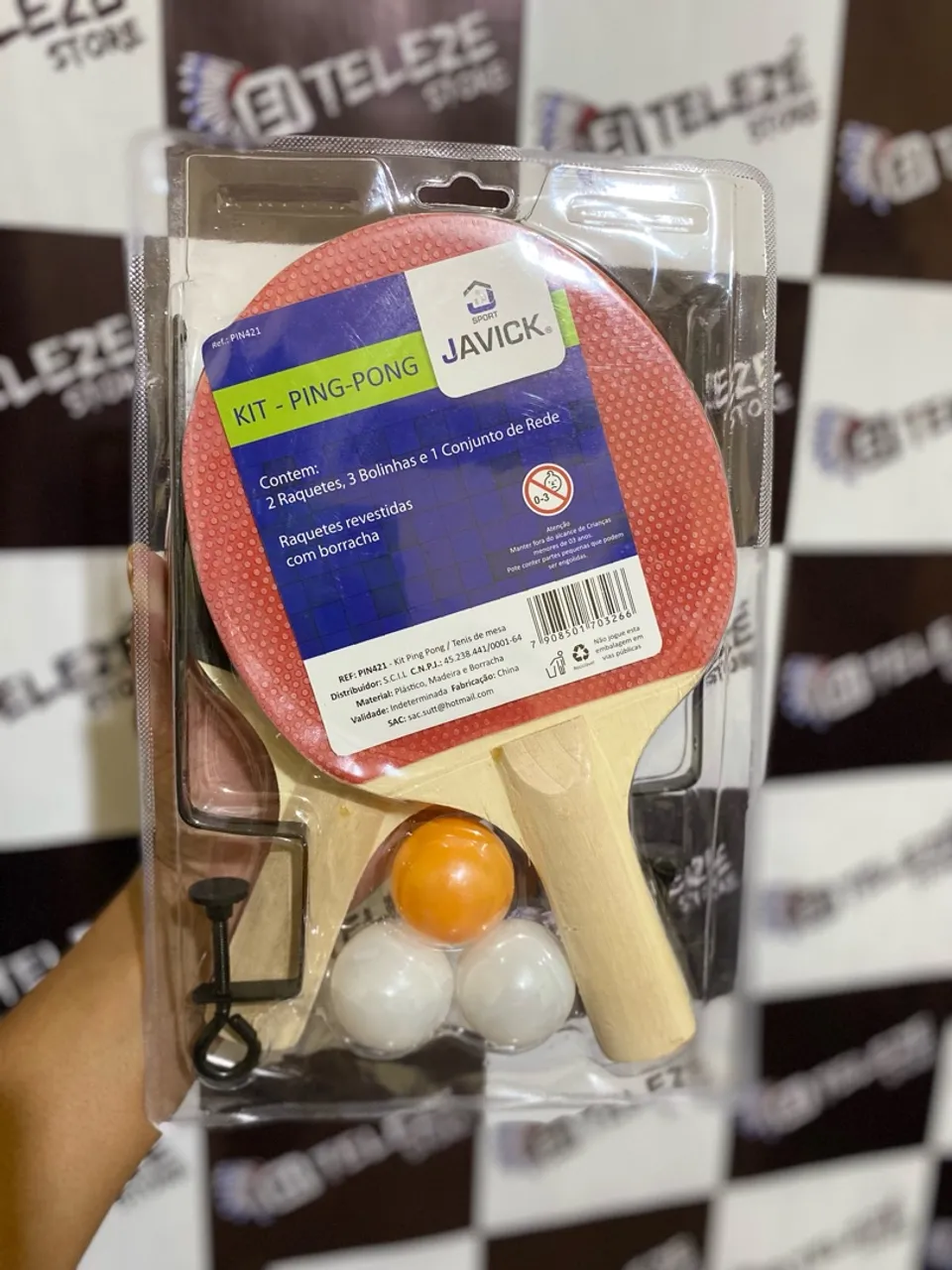 Kit de ping pong (1 Par de raquete, 3 bolinhas e 1 rede de 1M)