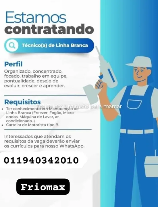 Vaga para técnico de refrigeração, lavadora,secadora, micro-ondas