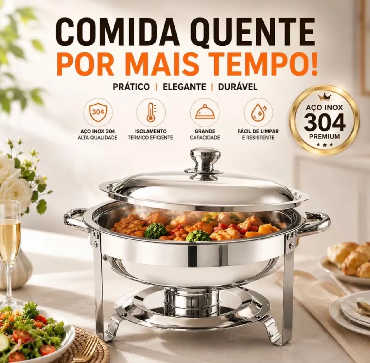 Réchaud térmico circular em inox 6 litros.  