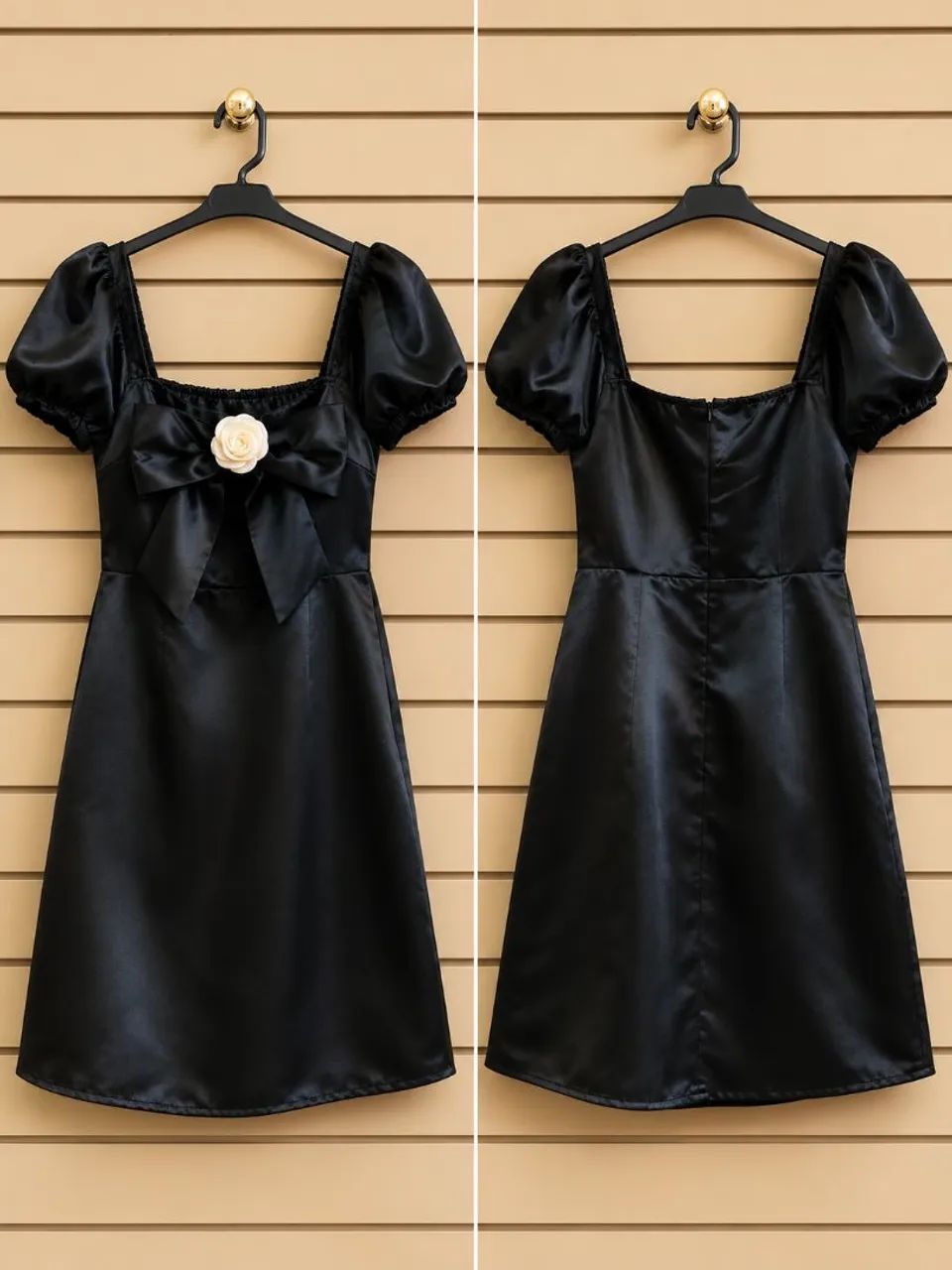 Vestido preto com laço e rosa. Curto