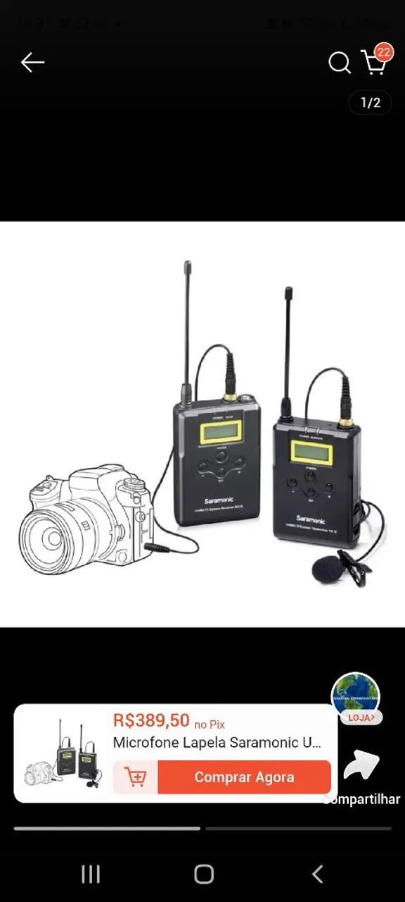 Microfone Lapela Saramonic UwMic15 UHF Portátil para DSLR e Campo