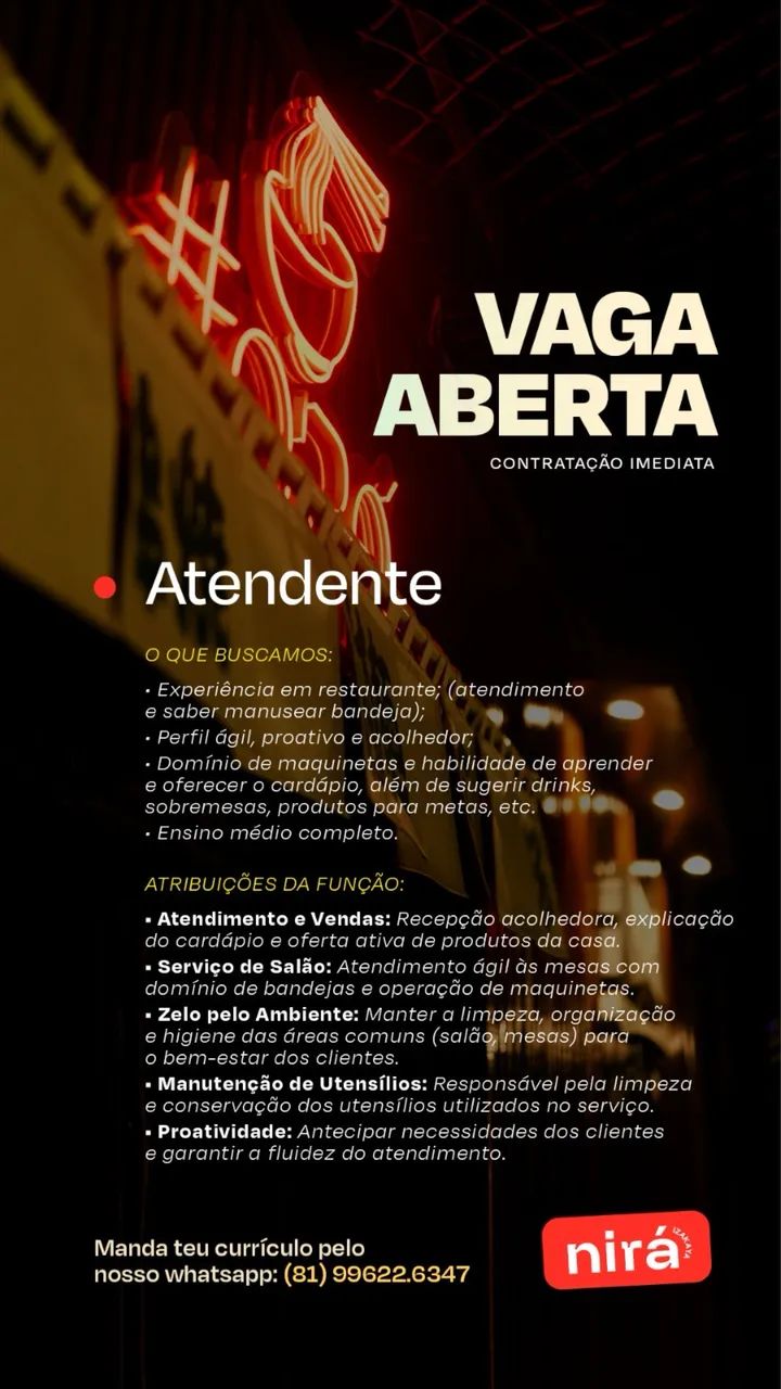 VAGAS PARA GARÇOM COM EXPERIÊNCIA! 