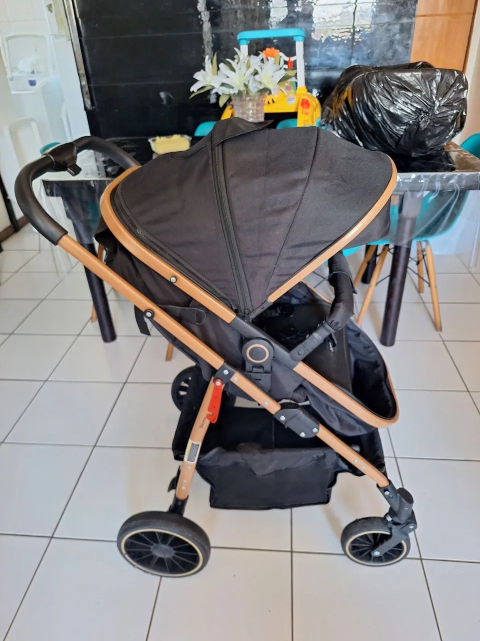 Carrinho de bebê com bebê conforto 