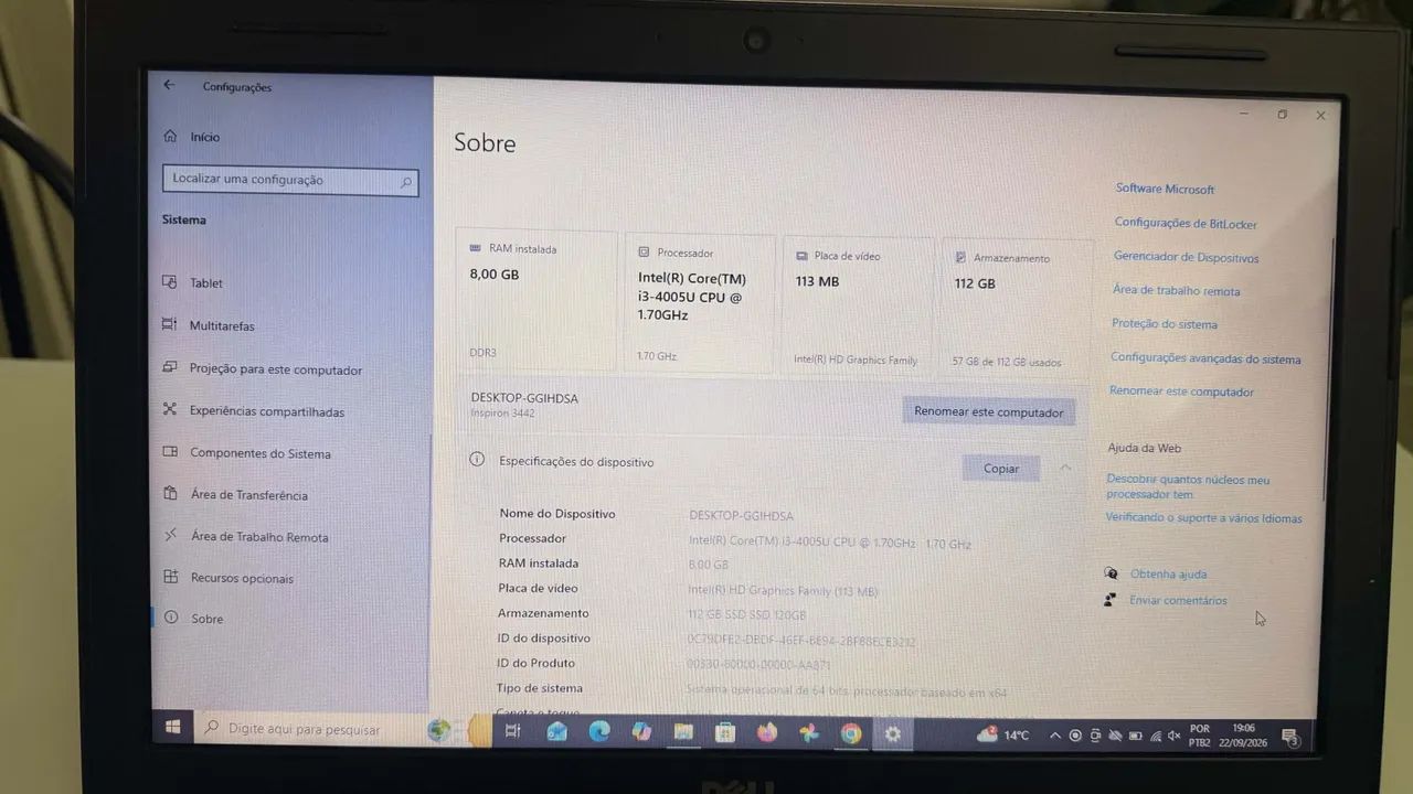 Notebook DELL tela 14