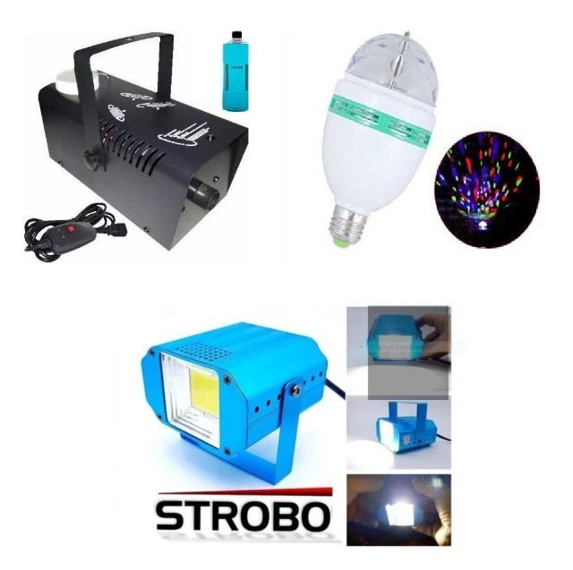 Kit Balada Festa Dj Máquina Fumaça 110v + Lâmpada Giratoria + Strobo Branco 