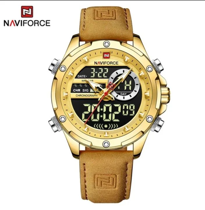 Relógio Naviforce 9208 Dourado Pulseira em Couro, Analógico e Digital, Calendário - Foto 3