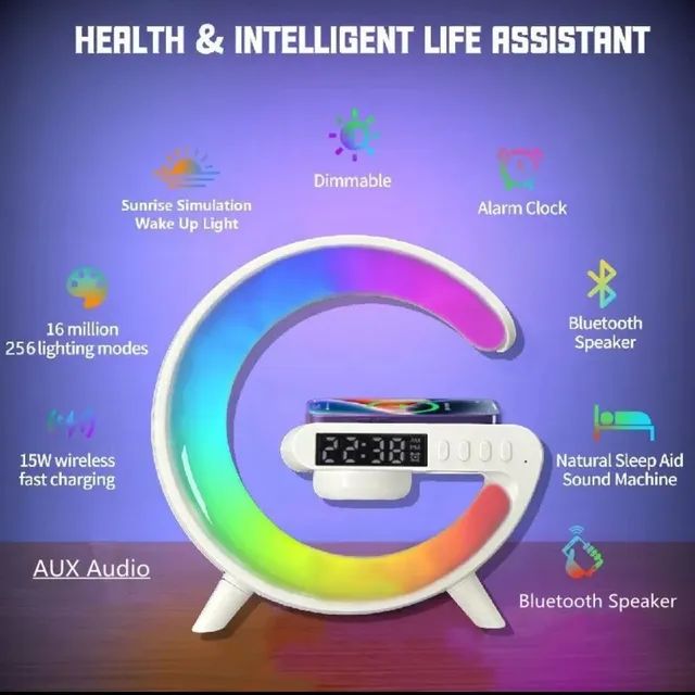 LUMINÁRIA RGB COM CARREGADOR INDUÇÃO, BLUETOOTH, ENTRADA PARA CARTÃO DE MEMÓRIA, NOVO! - Foto 2