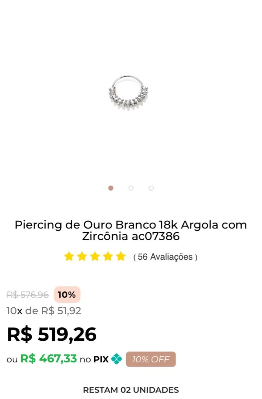 Piercing em ouro branco e zircônia 