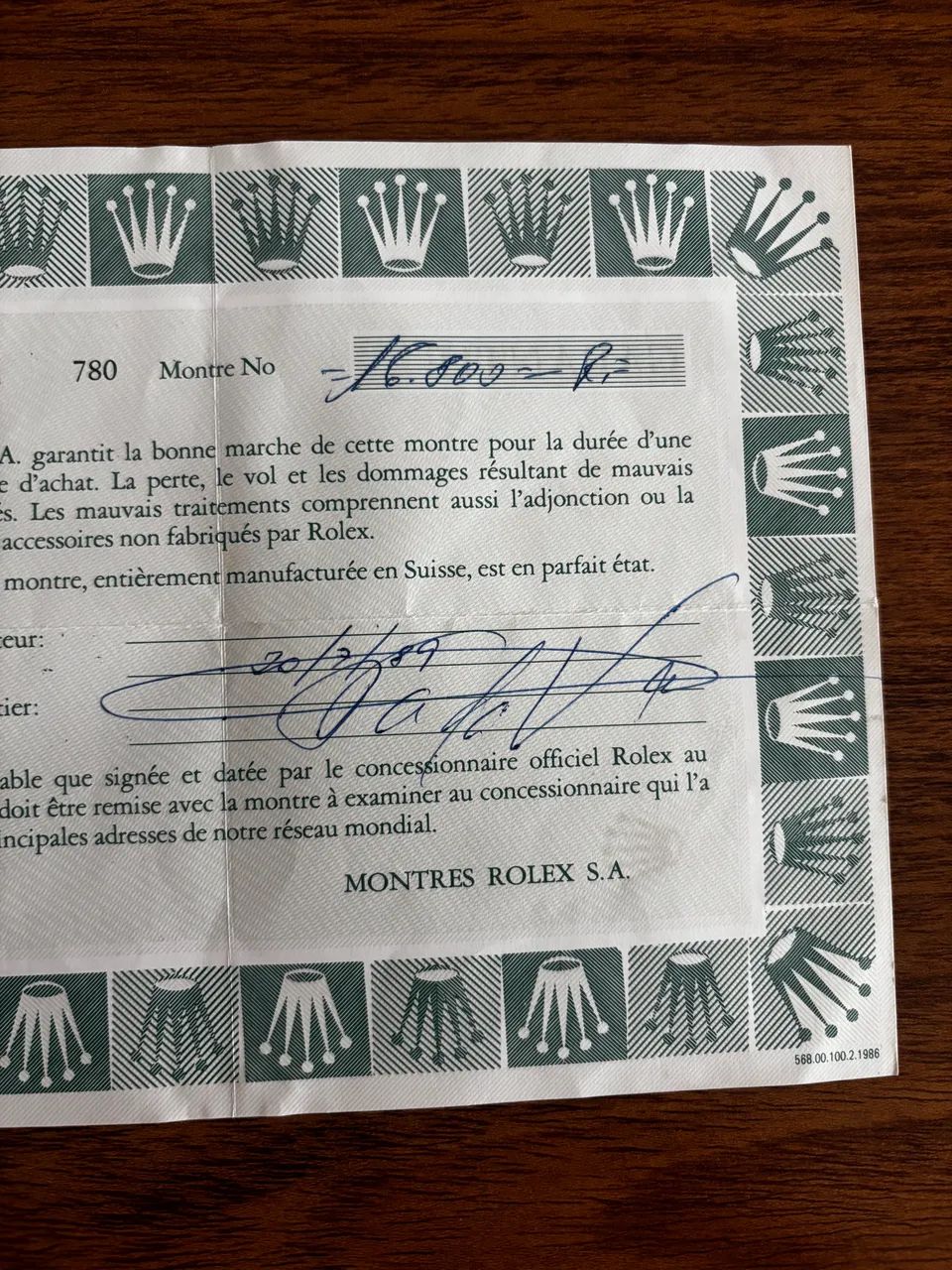 Certificado Rolex original Submariner 16800 1989 - Acessórios