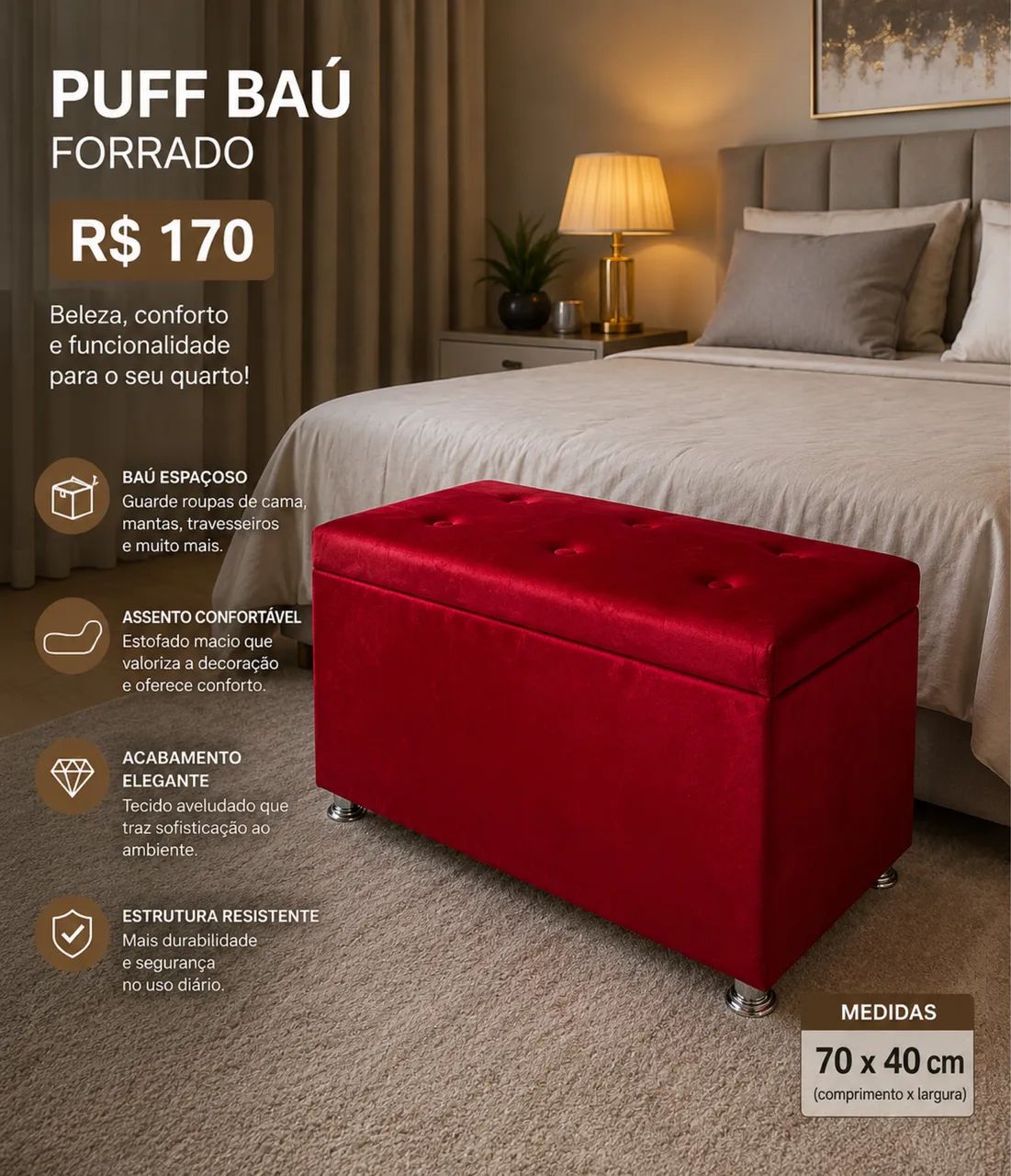 Puff baú forrado 70x40 para quarto, sala NOVOS 