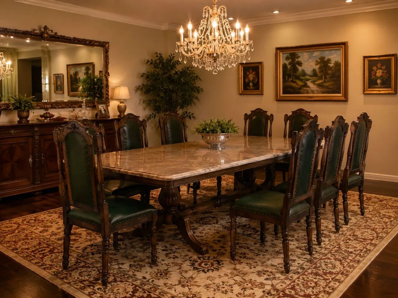 Finíssima Mesa de Jantar Imperial em jacarandá maciço com tampo de mármore e 8 cadeiras 