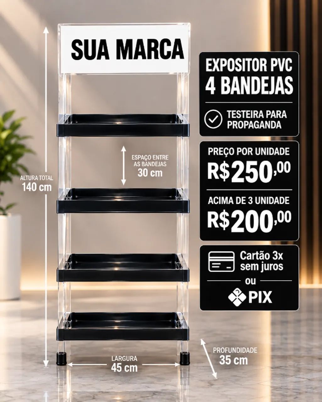 EXPOSITOR PVC 4 ANDARES C/TESTEIRA