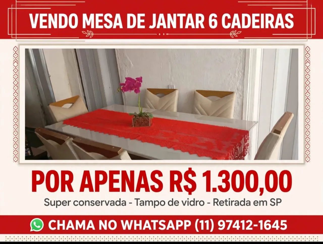 Mesa de Jantar com 6 Cadeiras + Tampo de Vidro | Super Conservada 