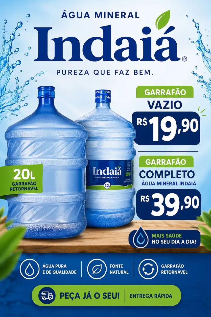Garrafão água mineral 20L Indaiá vazio e completo 