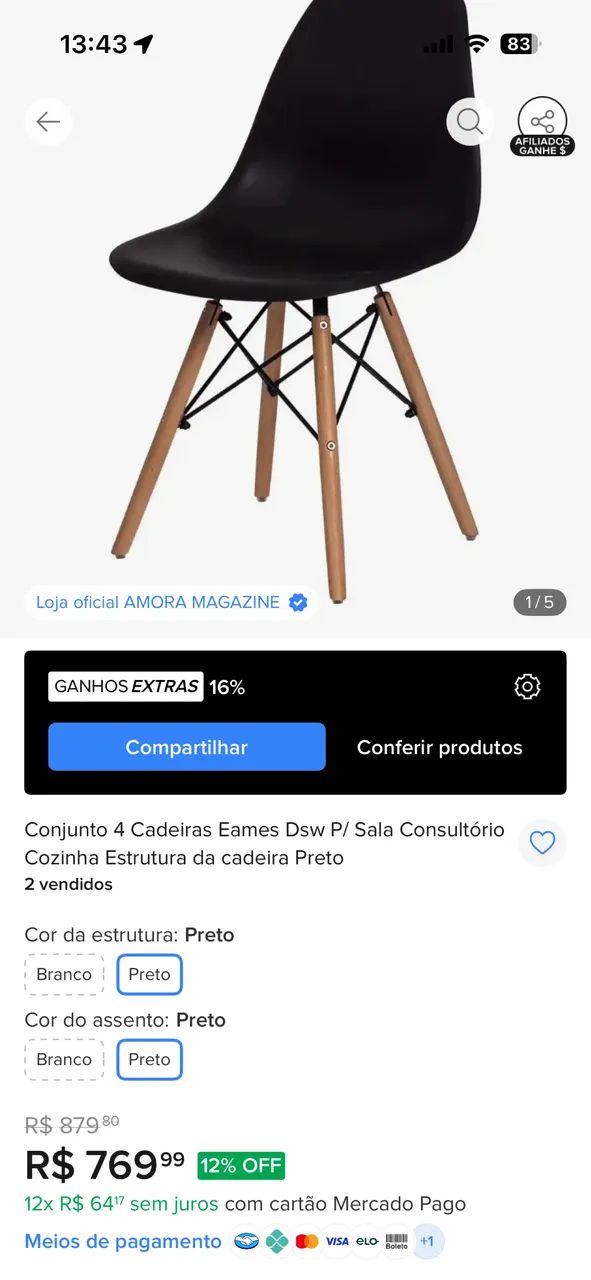 Conjunto com 4 Cadeiras Eames Pretas - Excelente Estado  - Foto 3