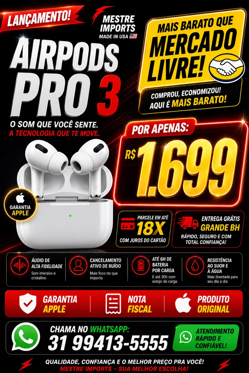 Apple Airpods Pro 3 USB - C Novo, Garantia Apple, Lacrado à Pronta