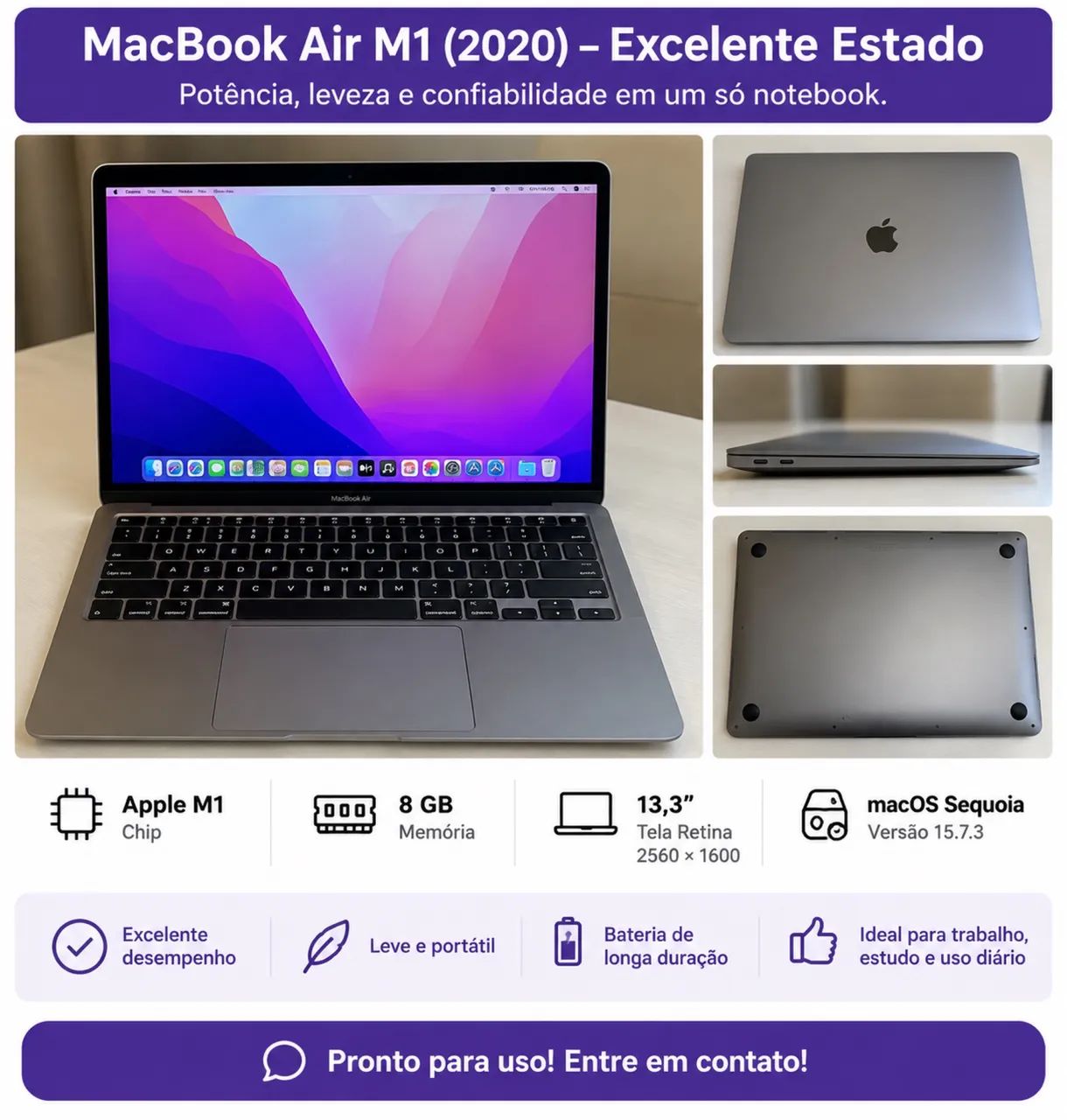 MacBook Air M1 2020 - 8GB RAM - Tela Retina 13,3? - Excelente