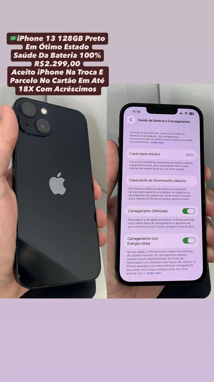 iPhone 13 128GB Preto - Saúde Da Bateria 100% (Usado)