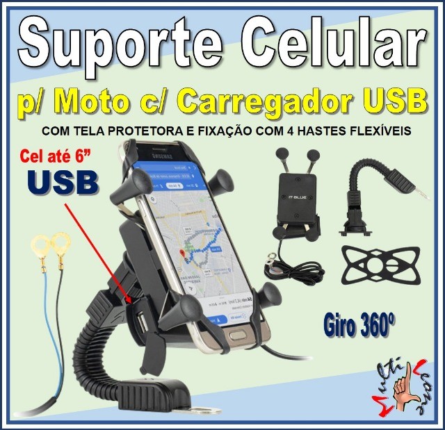 Suporte Celular Moto e Bicicleta Com Carregador Usb Universal